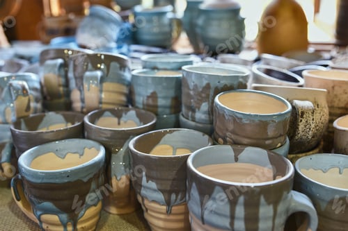 Preview: Many colorful ceramic handmade cups, top view