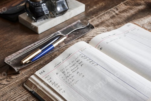 Preview: Old account book over an antique wooden desk. Retro financial