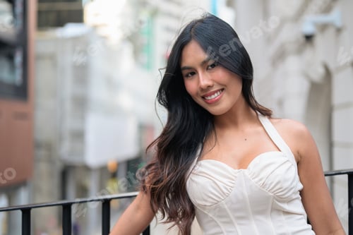Preview: Asian Woman Smiling on Balcony in Central Hong Kong