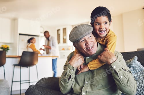 Preview: Home, grandfather and boy relax, hug and happiness with love, family and quality time in the lounge