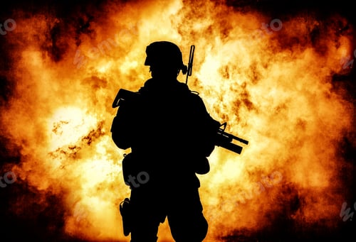 Preview: Soldiers silhouette on background of explosion