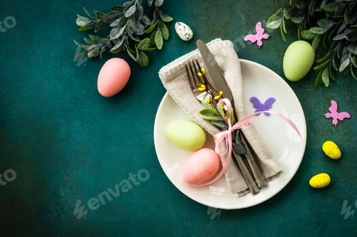Preview: Easter table setting, Easter food background.