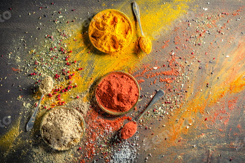 Preview: Vivid condiments on old wooden table as background