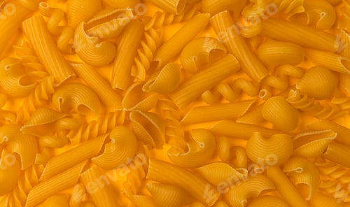 Preview: Italian pasta pattern, different pasta types on yellow background, flat lay