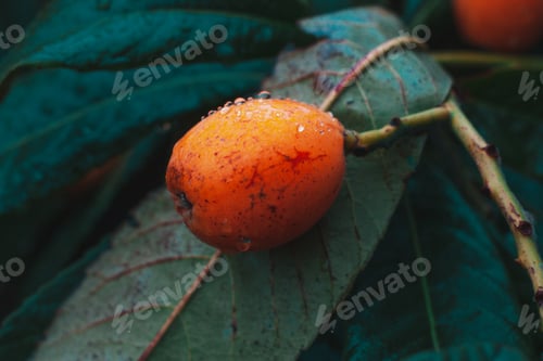 Preview: Droplets of water on the medlar fruit and leaf. Nature background for your design