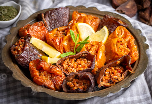 Preview: Dried eggplant stuffed and dried pepper stuffed with rice, kuru biber dolmasi, kuru patlican dolmasi