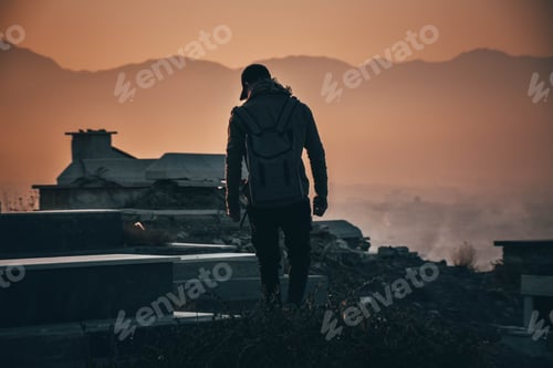 Preview: Male photographer walking on ruins of old stone architecture in the mountains