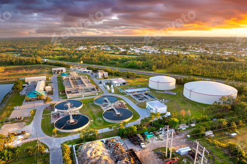 Preview: Aerial view of water treatment factory at city wastewater cleaning facility.