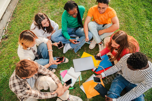 Preview: High angle view or aerial of a group of students sitting on a circle at the university campus lawn
