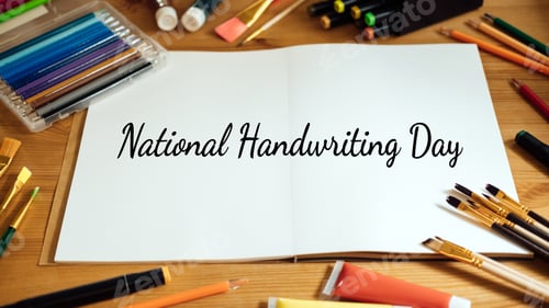 Preview: National Handwriting Day, 23 january. Hand lettering inscription text on paper notepad with pens