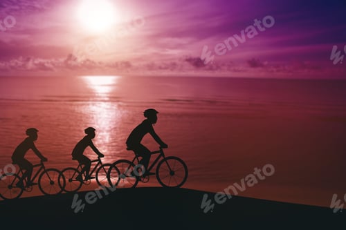Preview: Empty Copy Space Sporty Company Friends On Bicycles Outdoors Against Sunset Silhouette Five 3