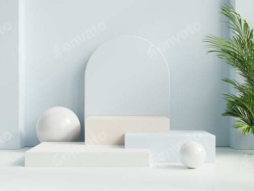 Preview: Podium in abstract blue composition for product presentation.