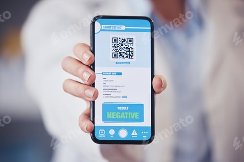 Preview: Closeup, hand and phone screen for health results with a barcode for monkeypox safety. Healthcare,