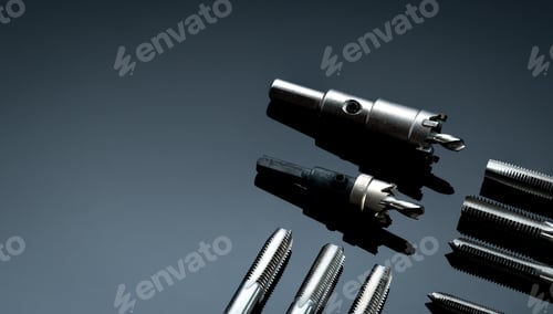 Preview: Closeup straight flute tap tip and hole saw on dark background. Industrial tapping tools. Carbide