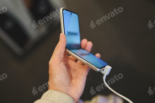 Preview: Close up of woman holding mobile phone in hands. Taking selfie. Selective focus