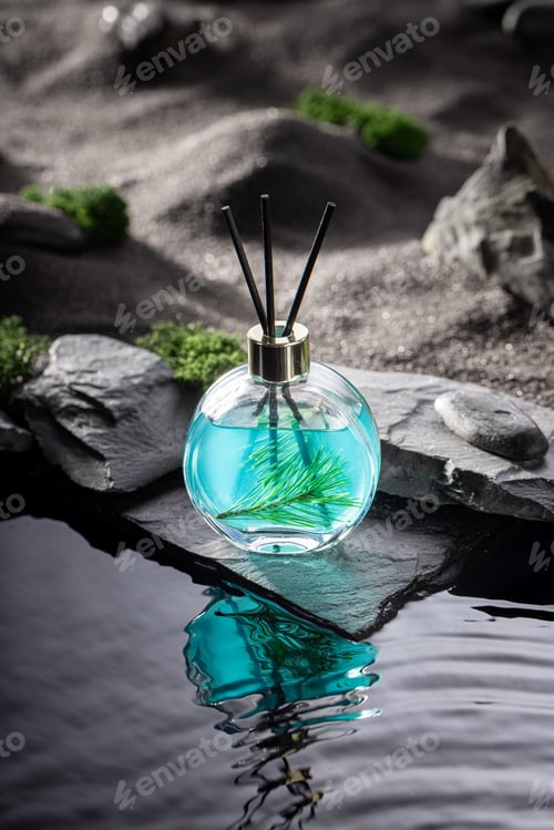 Preview: Unique fragrance diffuser in the dark desert at moonlight.