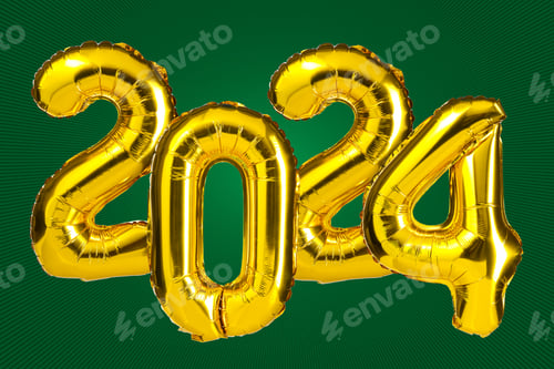 Preview: New Year 2024 celebration. Golden Yellow foil color balloons. 2024 balloons. On green background