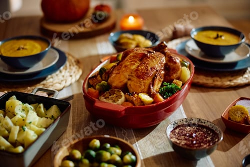 Preview: Roast turkey on dinning table for Thanksgiving dinner at home.