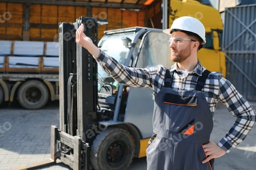 Preview: Portrait of professional forklift driver in factory's warehouse