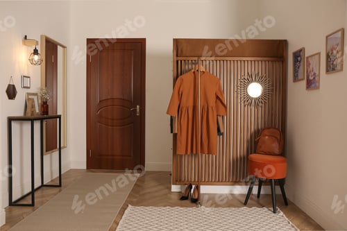 Preview: Modern hallway interior with stylish furniture and clothes rack