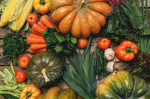 Preview: Beautiful arrengament of autumn vegetables on wooden table