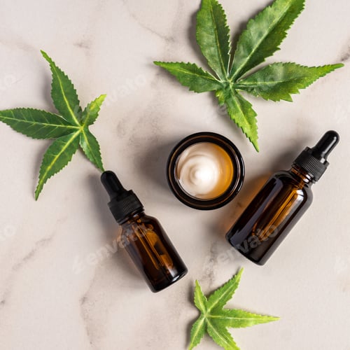 Preview: Top view of Cannabis face serum or oil dropper concept. Natural cosmetic. CBD oil, THC tincture