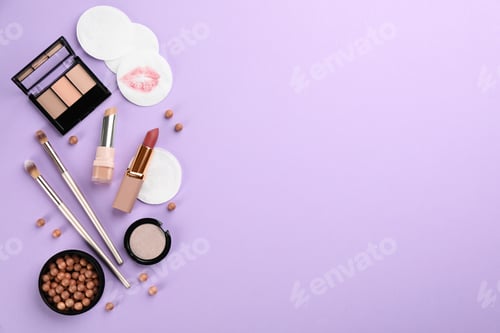 Preview: Dirty cotton pads and cosmetic products on lilac background, flat lay. Space for text