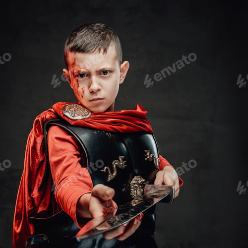 Preview: Little legionary with bloody face holding a sword in dark background