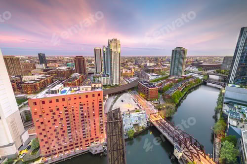 Preview: Chicago, Illinois, USA downtown cityscape over the river