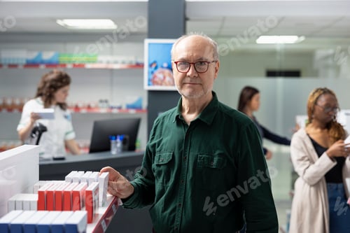 Preview: Portrait of senior pharmacy client search for wellness vitamins and pills