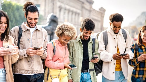 Preview: Multicultural happy friends having fun together with mobile phones at college campus