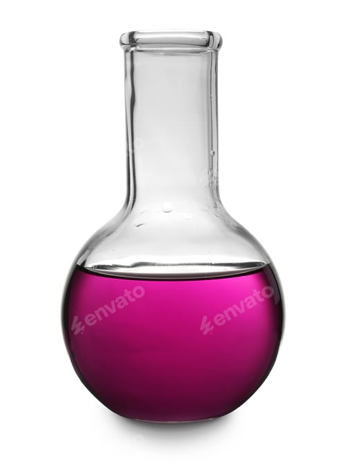 Preview: Glass boiling flask with purple liquid sample isolated on white. Laboratory analysis