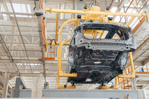 Preview: Automotive industry assembling conveyor line, car body suspended with bracket.