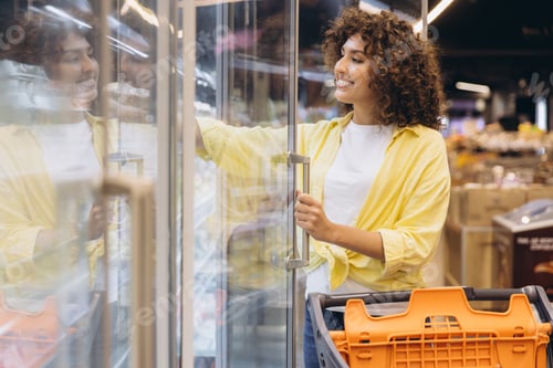 Preview: Woman choosing frozen food in supermarket refrigerator pushing shopping cart
