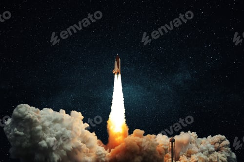 Preview: Space rocket shuttle with blast and puff of smoke lift up to the dark starry space sky. Spaceship