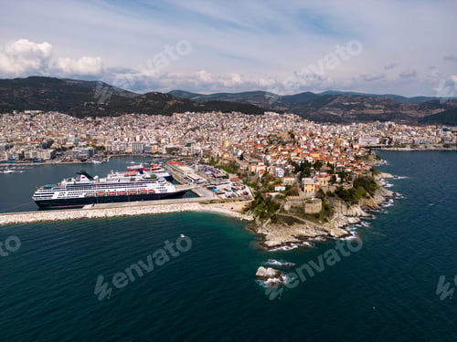 Preview: Aerial view cruise ship in port of Kavala. Visitors can enjoy breathtaking panoramas of the city's