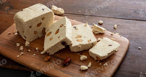 Preview: Halva almond nuts slices on wooden table background