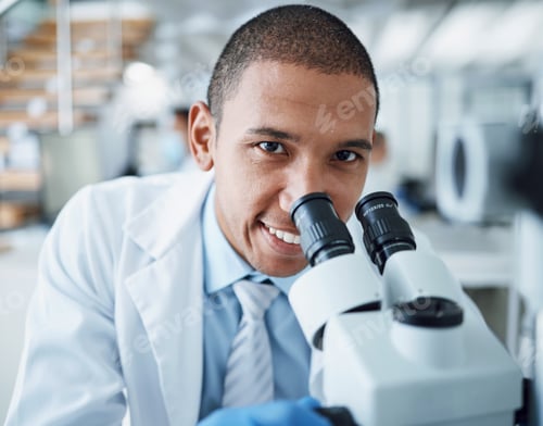 Preview: Microscope, happy man and portrait of laboratory scientist working on healthcare research, forensic