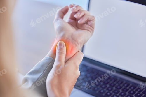 Preview: Business woman, wrist injury and red pain from osteoporosis, orthopedic joint and laptop typing in
