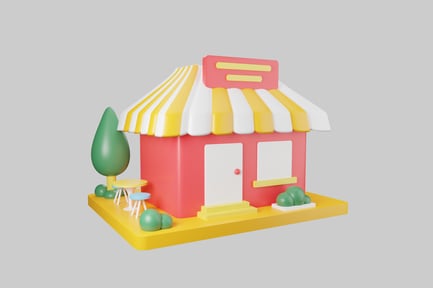 Preview: Pink building with a white door and yellow accents.