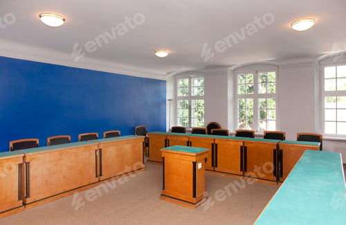 Preview: Meeting room, with desks and chair and central podium, old fashioned decor, bright blue walls