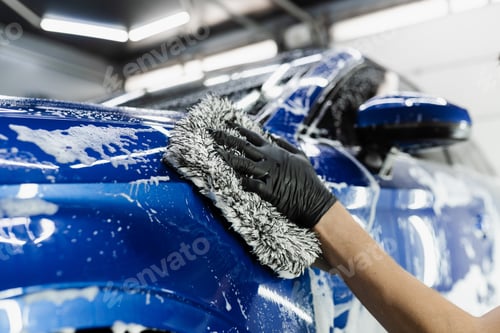 Preview: Auto detailing hand wash car body with microfiber glove foam for full cleaning