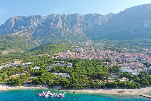Preview: Aerial shot of buildings in the city near the sea in Makarska, Croatia