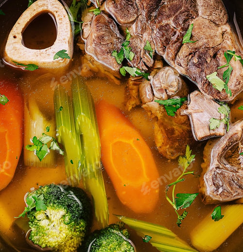 Preview: Hearty homemade beef and vegetable soup top view