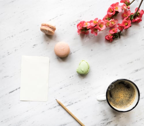 Preview: Top view of notebook, coffee, macarons and flowers on marble bac