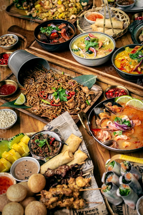 Preview: many different thai food dishes on table in modern restaurant in bangkok thailand