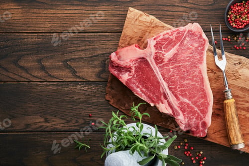 Preview: Thick Raw T-Bone Steak. Dry-aged Raw T-bone or porterhouse beef meat Steak on cutting boar with herb