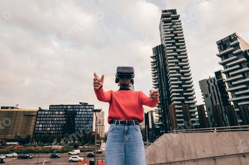 Preview: Person exploring a virtual world with a cityscape backdrop