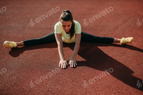 Preview: Young persistent woman stretching muscles after workout