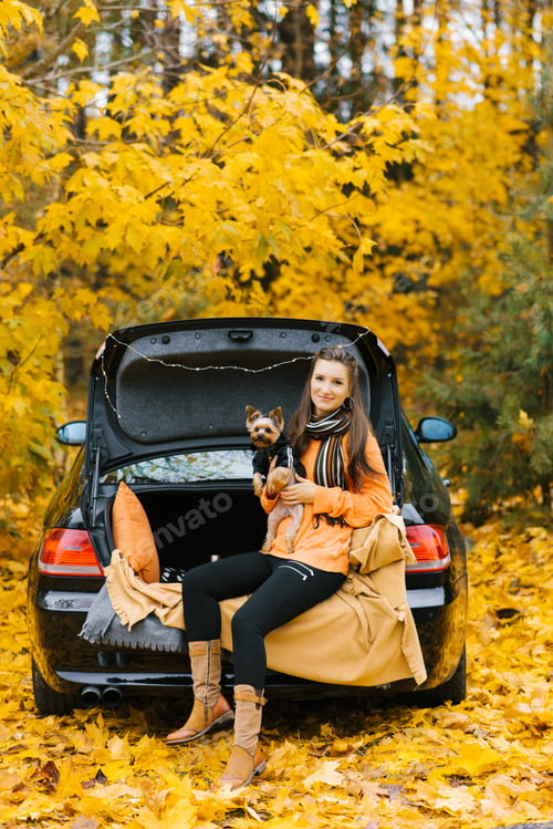 Preview: Happy Girl and Dog Sitting in the Trunk of Car in Nature. Friendship of Man and Dog, Travel